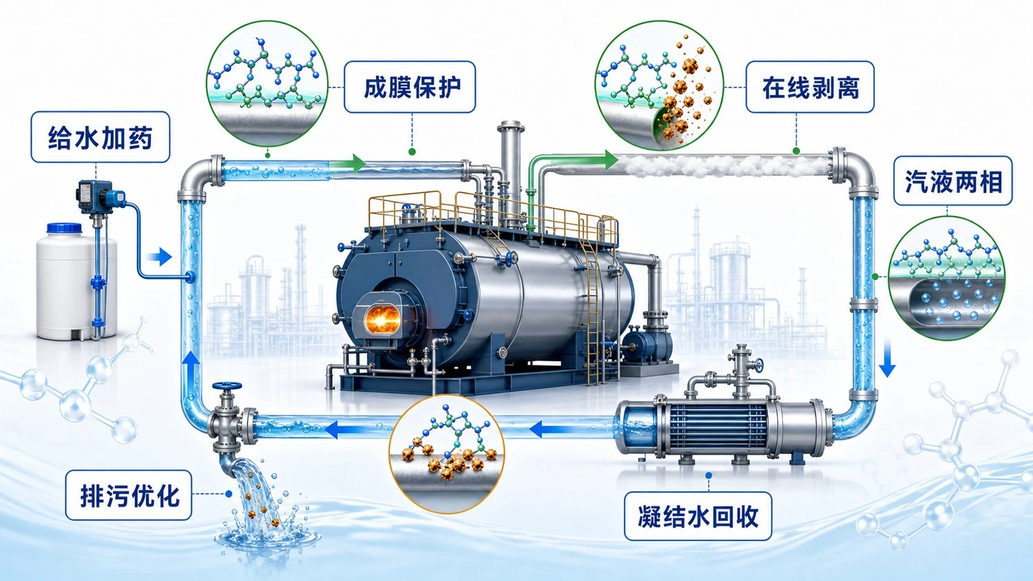 多胺成膜剂锅炉水汽循环投加路径示意图