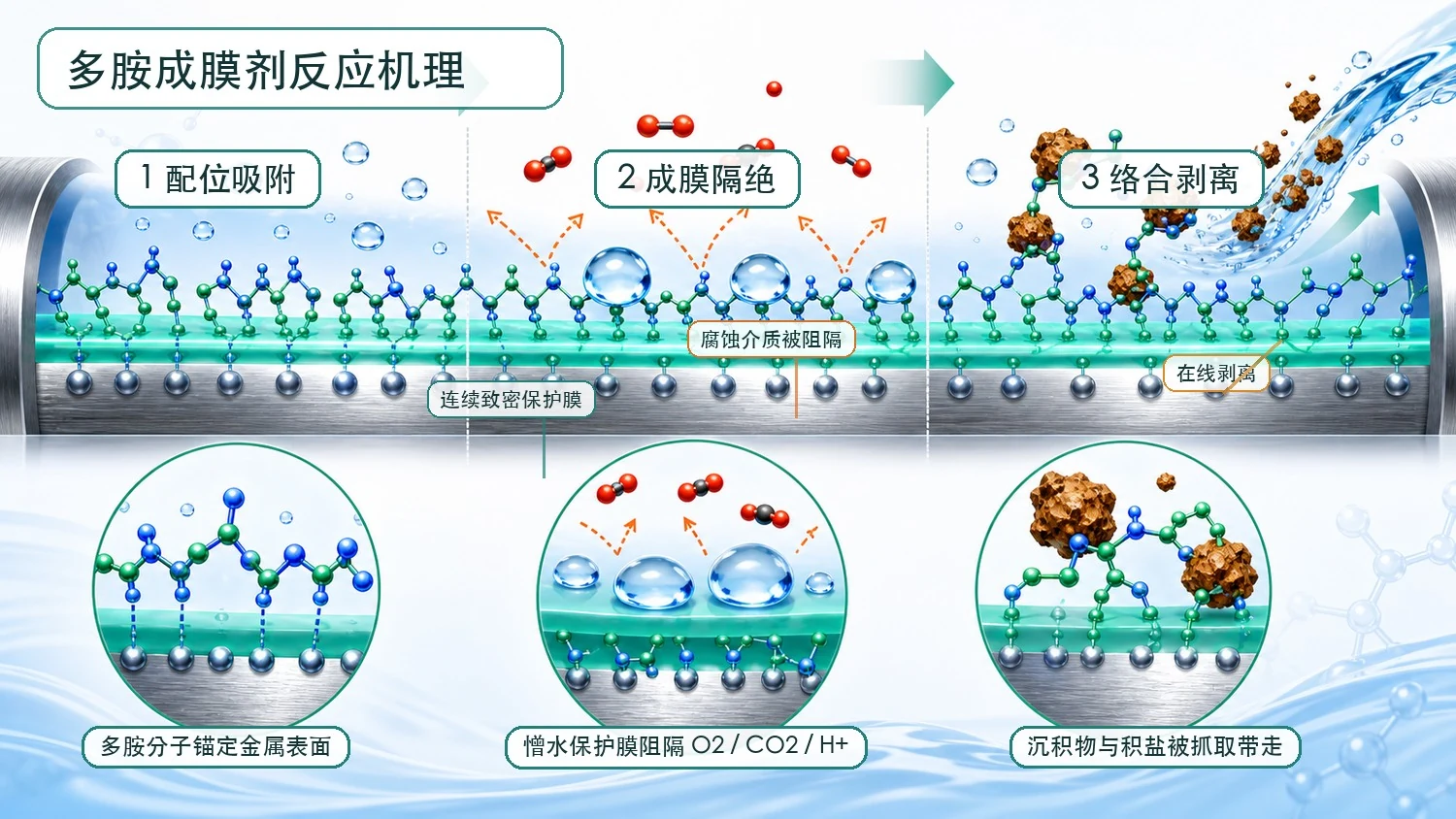 多胺成膜剂金属表面保护机理示意图